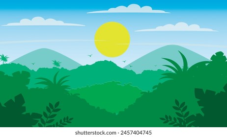 Naturlandschaftsszene mit Himmelshintergrund Vektorillustration.Wunderschöne Wiese Naturszene.Hügel mit Tropenwald.