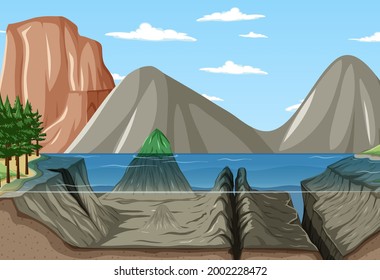 Nature landscape scene with underwater of lake and mountain background illustration