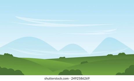 nature landscape scenery cartoon background with green field and blue sky