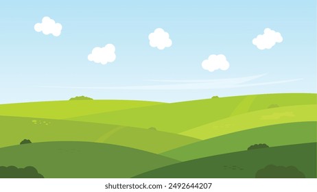 nature landscape scenery cartoon background with green field and blue sky with white fluffy cloud