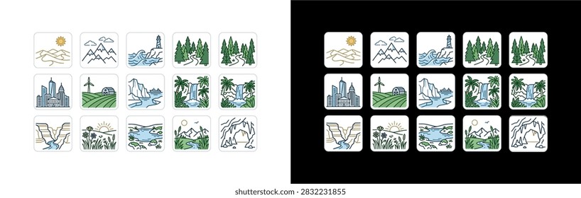 Nature landscape and scenery vector icon set featuring desert dunes, mountains, ocean lighthouse, forest trail, city skyline, green farm, tropical waterfall, canyon, and cave.