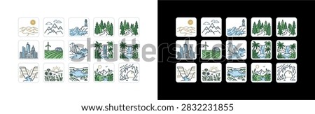 Nature landscape and scenery vector icon set featuring desert dunes, mountains, ocean lighthouse, forest trail, city skyline, green farm, tropical waterfall, canyon, and cave.