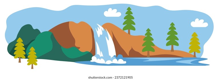 Nature landscape or scenery with waterfall, mountains and forest, lake or river. Trekking or traveling, vacation or hiking activities in summer. Natural scene for resting. Vector in flat style