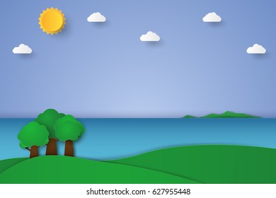 Nature landscape with sea and tree background , paper art style
