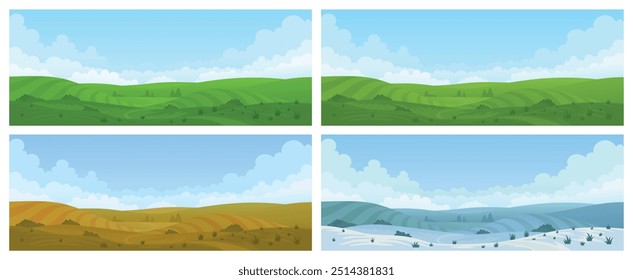 Nature landscape seasons summer autumn spring winter background set vector flat illustration. Natural scenery field with green yellow grass snow and sky environment meadow plant horizontal backdrop