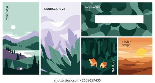 Nature and landscape. Set of vector illustrations. Pictures for posters, postcards or covers.