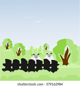 nature landscape with sheep on a meadow,vector illustration