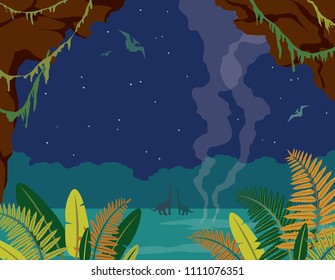 Nature landscape with silhouette of dinos (diplodocus and pterodactyl), green ferns, cave abd night blue sky. Vector illustration with prehistoric wildlife. Image with extinct animals.