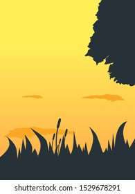 Nature landscape silhouette flat illustration. Forest, jungle view at sunset illustration
