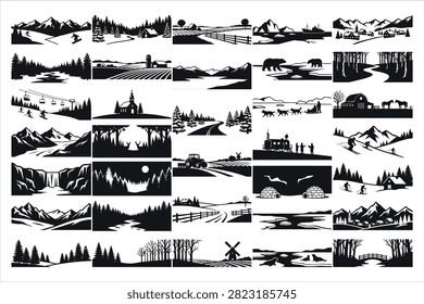 Nature landscape silhouette mega set with skiing arctic bear dog sledding farmland tractor igloo waterfall forest and mountains woodcut black and white vector illustration