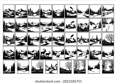 Nature landscape silhouette mega set with deer moose ice fishing cabin river forest ski mountain and snow footprints woodcut black and white vector illustration