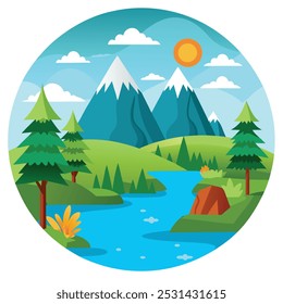 Nature landscape silhouette vector art featuring serene outdoor scenes, ideal for travel, environment, and decorative designs. Perfect for eco-friendly, natural-themed projects and decor.