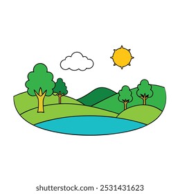 Nature landscape silhouette vector art featuring serene outdoor scenes, ideal for travel, environment, and decorative designs. Perfect for eco-friendly, natural-themed projects and decor.