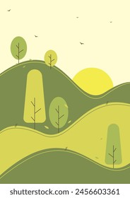 Nature landscape simple childish illustration. Green tree plants on hills. Summer sunrise scenery