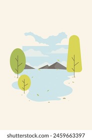 Nature landscape simple childish illustration. Green tree plants near lake. Summer scenery