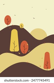 Nature landscape simple childish illustration. Yellow-red tree plants on hills. Autumn sunrise