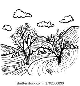 nature landscape sketch two trees and mountains, road to countryside, vector hand drawn illustration