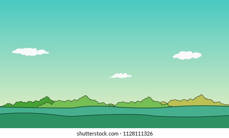 Nature landscape and sky background vector illustration.Spring landscape, vector background.Cartoon Meadow scene .
