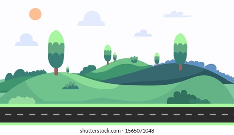 Nature landscape with sky background vector illustration.Cartoon nature scene with street.Meadown with hills in summer.nature landscape with road on summer day