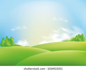 Nature landscape with sky and clouds, hills with trees in vector