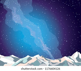 Nature landscape with snowy mountains, night starry sky and milky way. Vector illustration.