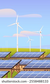 Nature landscape with solar panel and windmill. Alternative source of electricity vertical orientation flat vector illustration