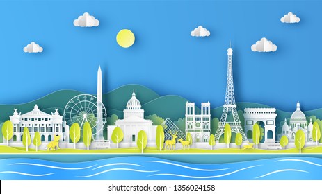 Nature landscape of Spring season with the world famous architecture in Paris city, France. paper cut and craft style. vector, illustration.