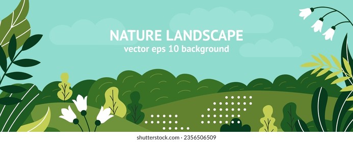 El paisaje natural. Panorama veraniego primaveral con plantas, hojas verdes y flores. Fondo de campo. Tierras rurales. Plantilla de banner horizontal. Ilustración vectorial aislada de dibujos animados