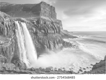 nature landscape stipple raster effect texture background commercial print featuring powerful waterfall mist water drop for energy theme