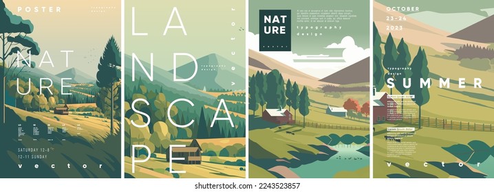 Nature and Landscape. Summer. Europe. Typography design.  Set of flat vector illustrations.  Poster, label, cover. - Shutterstock ID 2243523857