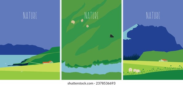 Nature and landscape. Summer landscape. Typography design. Set of flat bright vector illustrations. Poster, label, cover.