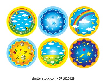 Nature landscape with sun, rainbow, clouds. Sunny day. Night. Vector illustration.

