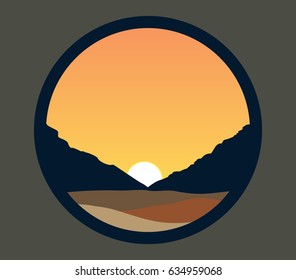 Nature landscape, sunset and mountains silhouette
vector illustration desert and orange sky