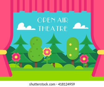 Nature Landscape and Theatre Curtains. Open Air and Outdoor Vector Illustration