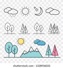 Nature landscape thin line elements icons. Nature landscape 
