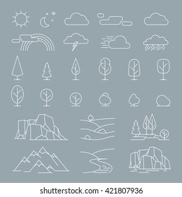 Nature landscape thin line elements icons. Vector nature landscape items