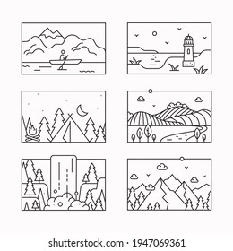 Nature landscape thin line vector icons. Travel concept. Outdoor recreation, travelling, hiking, camping thin line vector illustration for t-shirt design, web services, mobile app. Editable strokes.