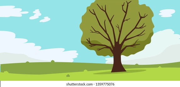 Nature landscape with tree , clouds and sky background.Vector illustration.Mountains Hills Green Grass and big tree.Beautiful summer landscape.Rural landscape with hills and fields at dawn.