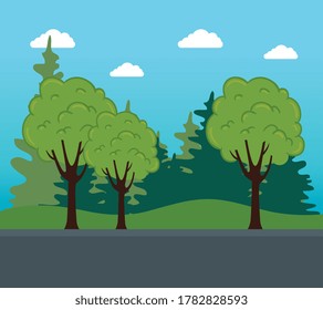 nature landscape, tree plants and bushes, with road street vector illustration design