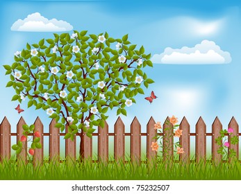 Nature landscape with a tree. Vector illustration.