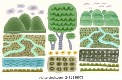 Nature landscape and tree watercolor vector illustration for seamless pattern.
