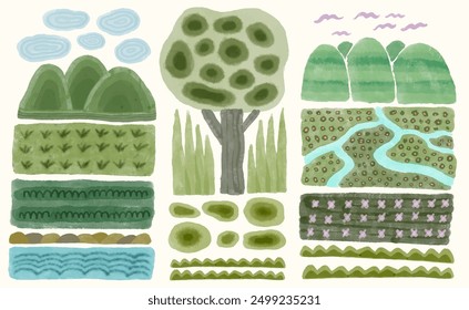 Naturaleza de paisaje y Ilustración vectorial de acuarela de árbol para un patrón sin fisuras.