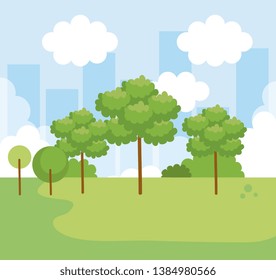 nature landscape with trees and bushes with clouds