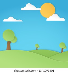 Nature landscape, Trees and clouds with the sun. Paper art style. Vector illustration
