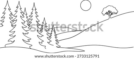 Nature landscape with trees hills and sun minimal one line illustration
