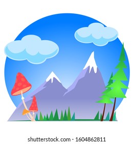Nature Landscape with Trees, Mountains, Clouds. Cartoon Style Flat Illustration. Vectoral