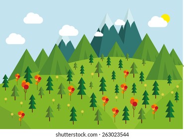Nature landscape,   trees, mountains and cloudy sky layers flat illustration.