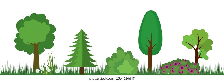 Nature landscape - Trees, shrubs, flowers and grass. Environmental, horizontal banner, set of plants and flowers. flat vector illustration