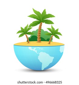 Nature Landscape of Tropical Island in combination with half globe of world. Vector Illustration isolated on white background.