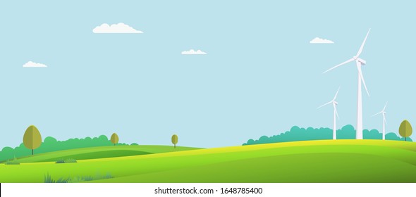 Nature landscape with turbine wind in summer.Vector illustration.Green field with sky background.Eco nature scene